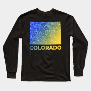 Colorful mandala art map of Colorado with text in blue and yellow Long Sleeve T-Shirt